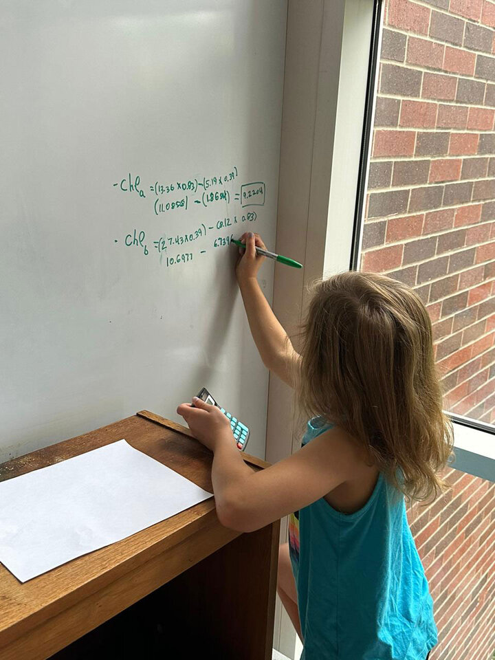 A young girl writes on a whiteboard.